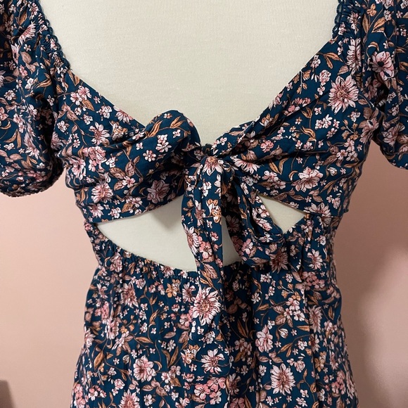 As U Wish Navy Floral Midi Dress w/ Open Back Tie S - Picture 5 of 7